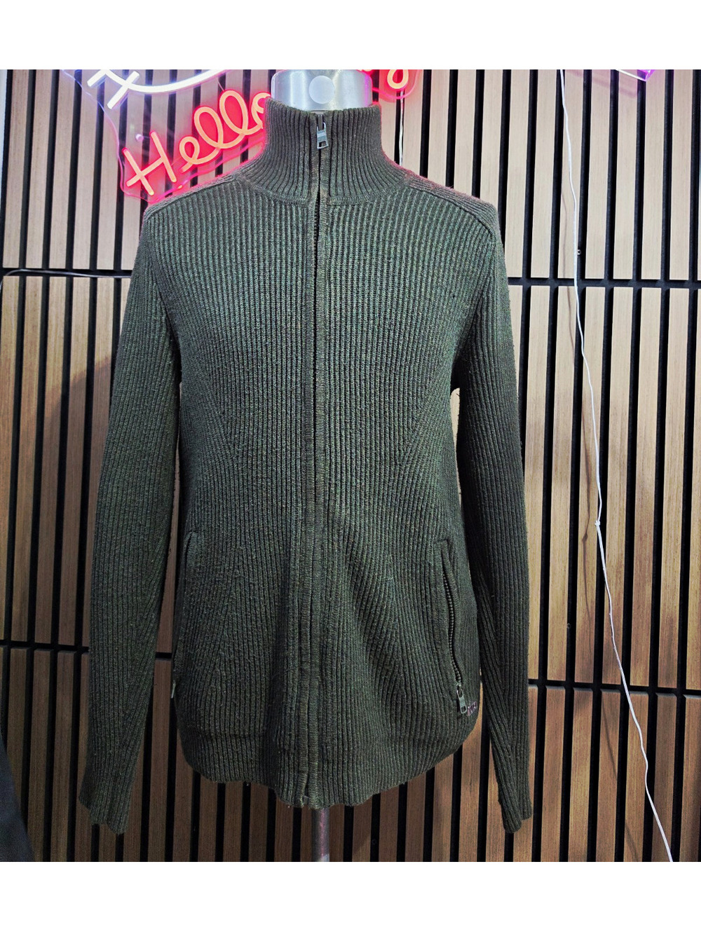 Vintage Armani Exchange Ribbed-Knit Full Zip Sweater L Green Mock Neck Pockets